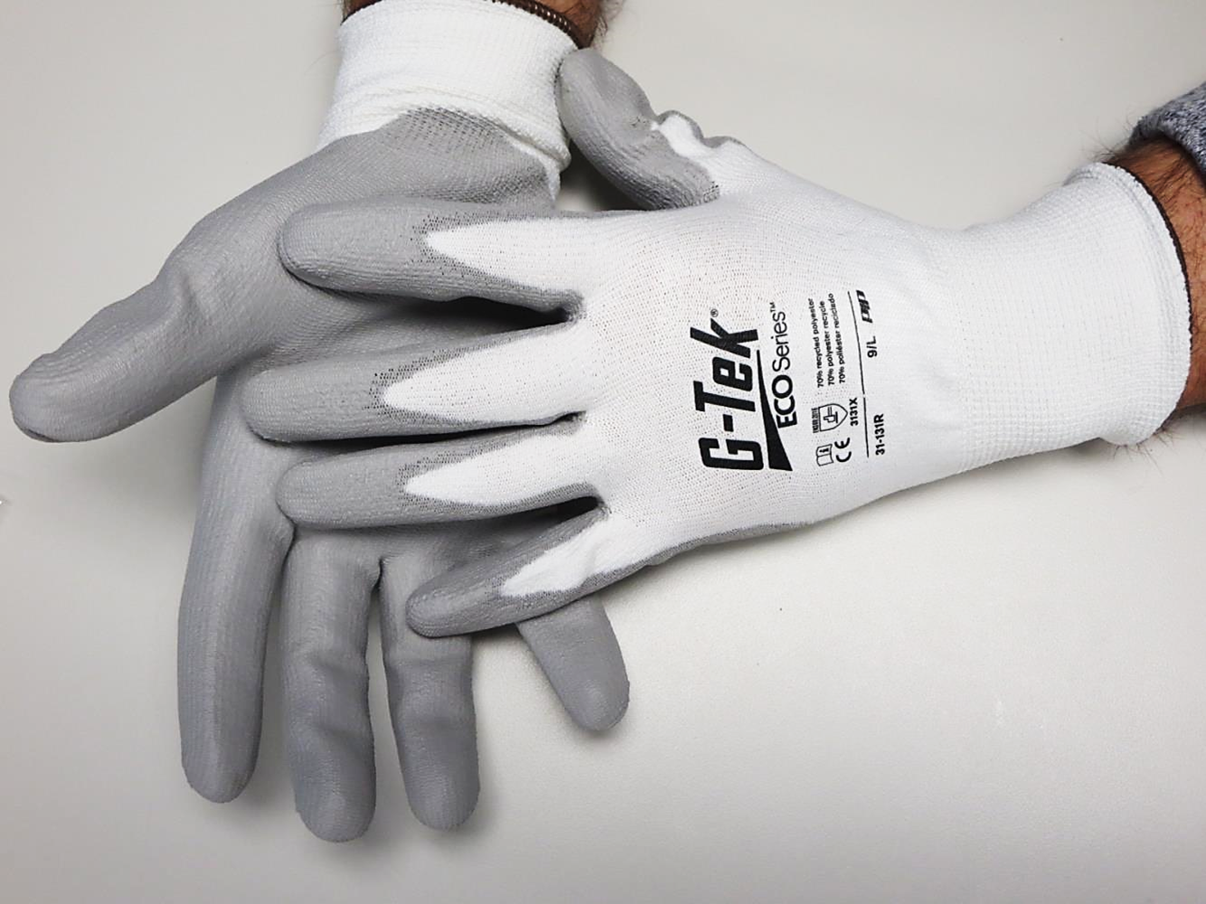 #31-131R PIP® G-Tek® ECO Series™ Seamless Knit Recycled Yarn / Spandex Blended Glove with Polyurethane Coated Flat Grip on Palm & Fingers