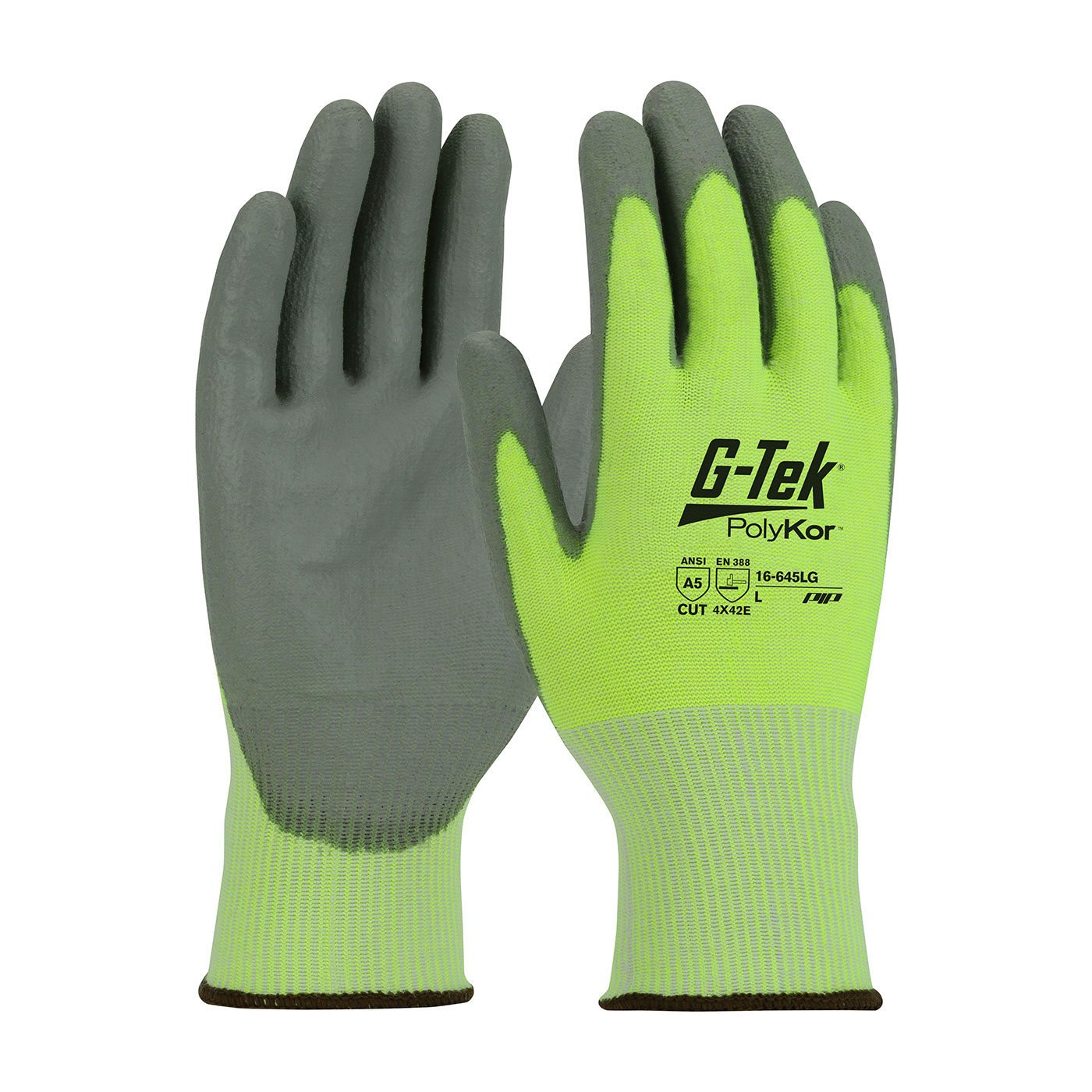 #16-645LG PIP®Hi-Viz G-Tek®PolyKor™PU涂层握柄A5切割手套