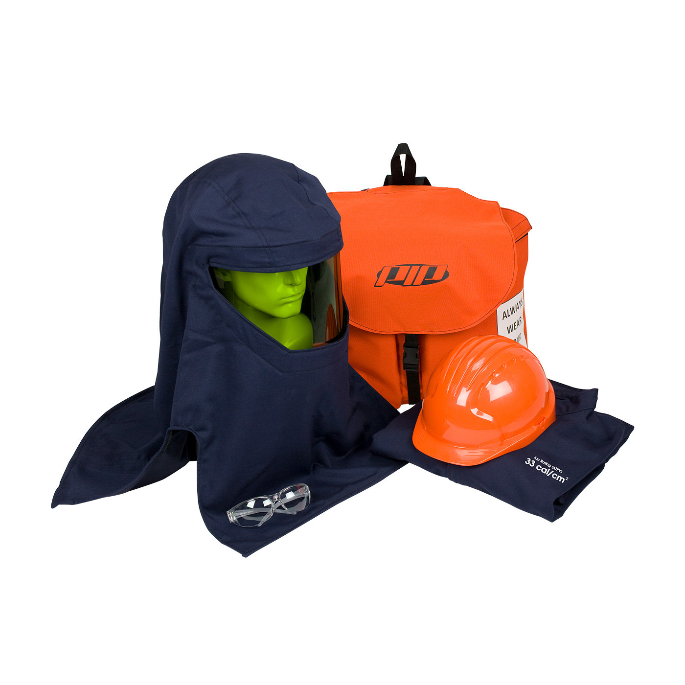 #9150-52946 PIP® PPE 3 Arc Flash Kit - 33 Cal/cm2 contains coverall, balaclava, arc hood, safety glasses, hard hat, and back pack